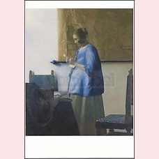 Woman in blue reading a letter